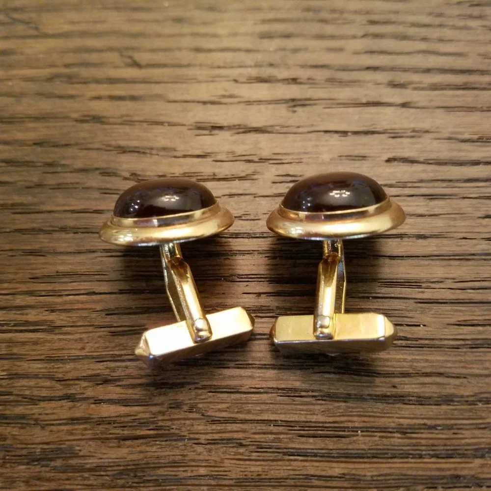Vintage Gold Tone with Brown Stone Cuff Links